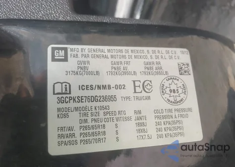 2013 Chevrolet Silverado 1500 Lt from USA, damaged, VIN 3GCPKSE76DG236955